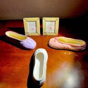 Ballerina Lot-2 pewter enamel frames and 3 ceramic ballerina shoes- NWT & boxes